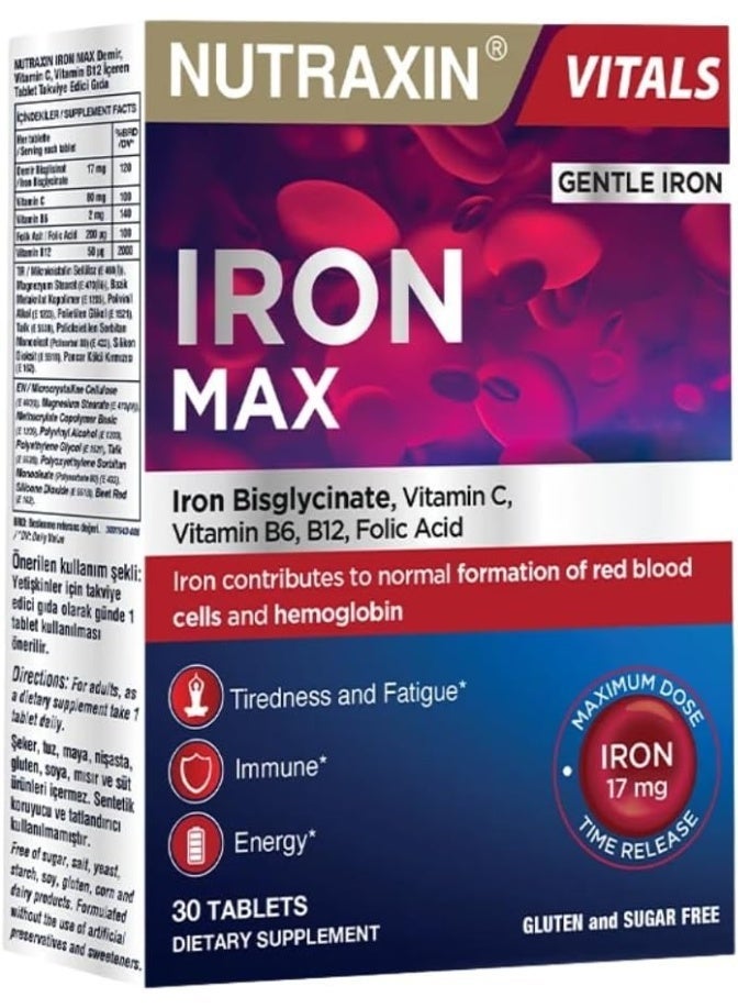 Nutraxin Iron Max Time Release Formula With Vitamin C, B6, B12 and Folic Acid Red Cells and Hemoglobin formation 30 Tablets - Image 1
